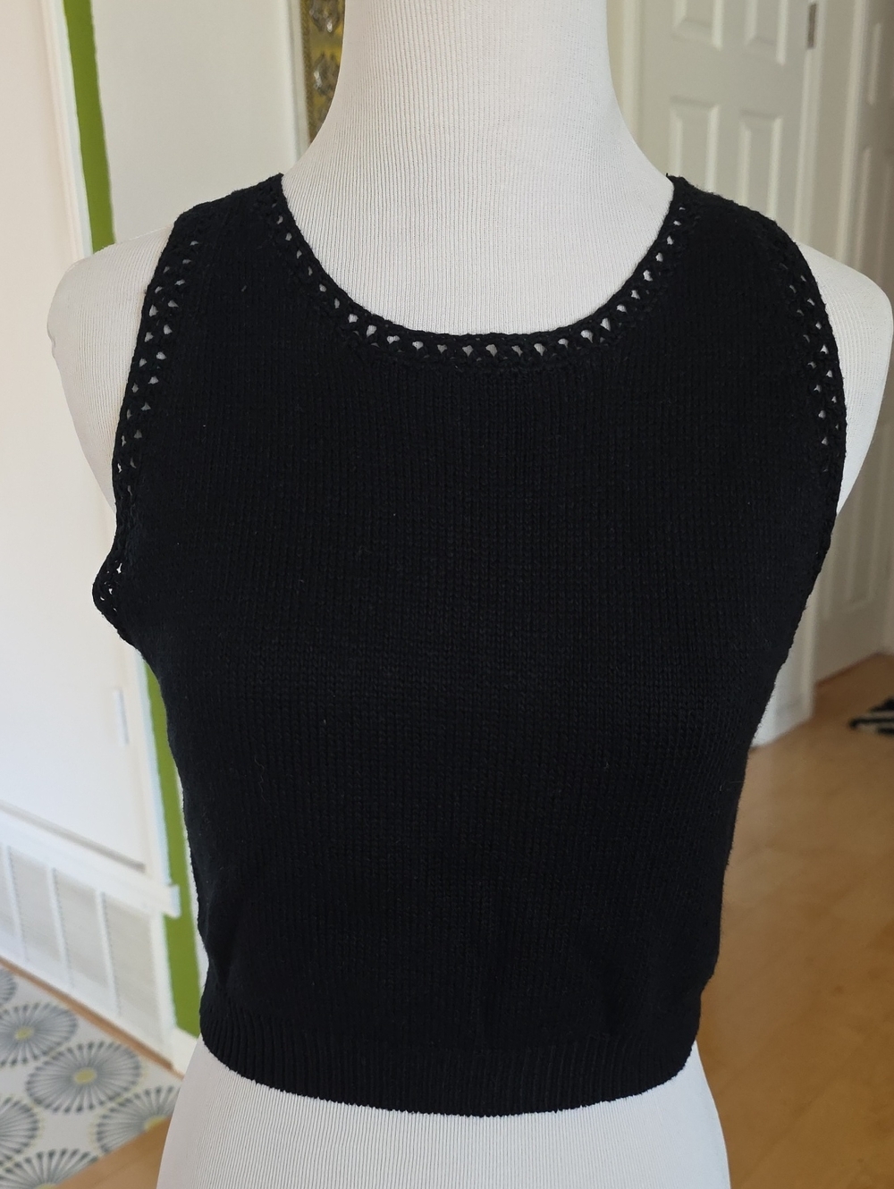 Lulu's Black Knit Sleeveless Tank with Openwork Trim
